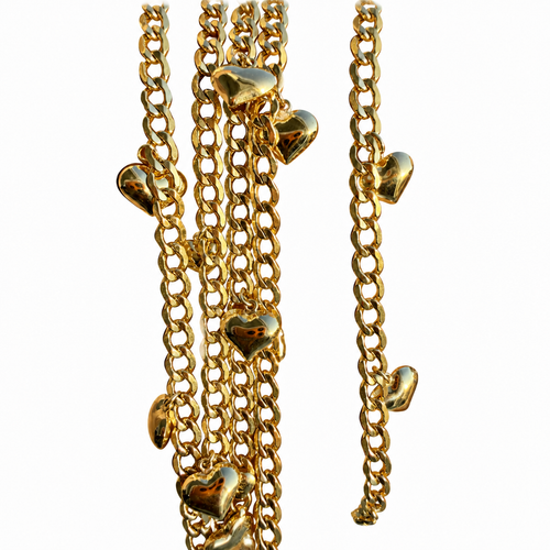 14KT Gold Hollow Curb Anklet with Puff Heart Charms 3.5mm