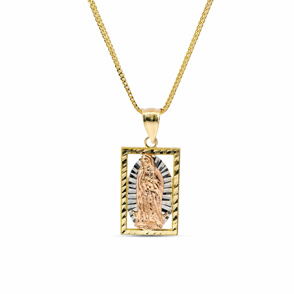 14KT Gold Charm Medium Rectangle Tri Tone Virgin Mary with Diamond Cut Open Frame Border and Plain Bell