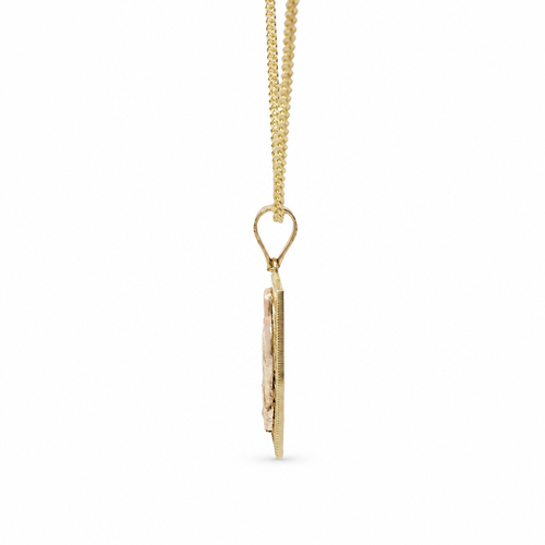 14KT Gold Charm Medium Rectangle Tri Tone Virgin Mary with Diamond Cut Open Frame Border and Plain Bell