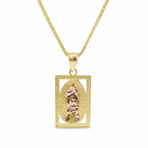14KT Gold Charm Medium Rectangle Tri Tone Virgin Mary with Diamond Cut Open Frame Border and Plain Bell