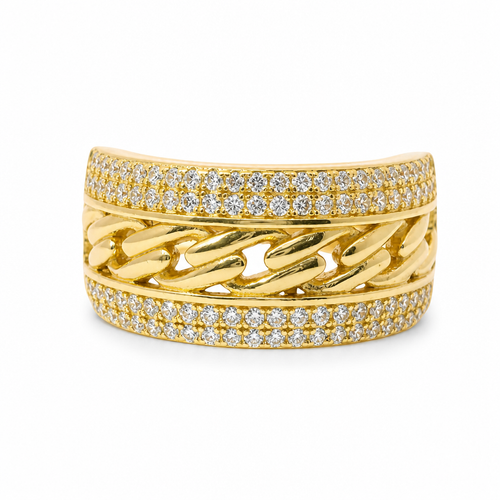14KT Gold Ring Women's Cuban Link Center with Top and Lower Double Row of White CZ Stones Band