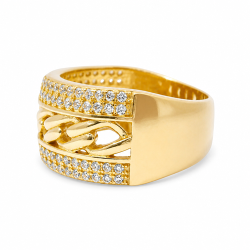 14KT Gold Ring Women's Cuban Link Center with Top and Lower Double Row of White CZ Stones Band