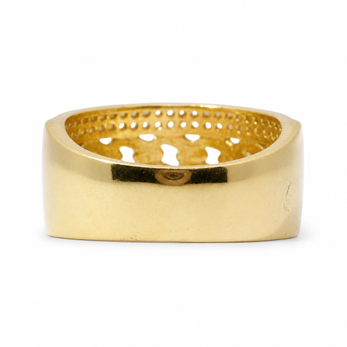 14KT Gold Ring Women's Cuban Link Center with Top and Lower Double Row of White CZ Stones Band