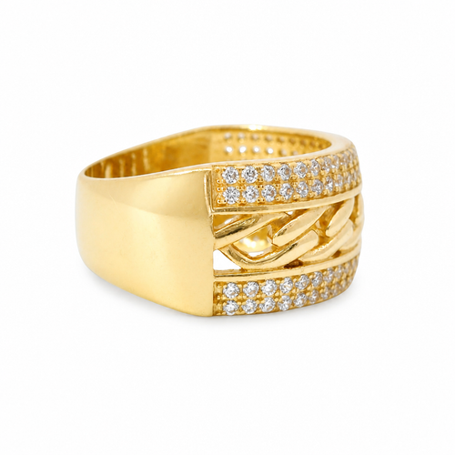 14KT Gold Ring Women's Cuban Link Center with Top and Lower Double Row of White CZ Stones Band