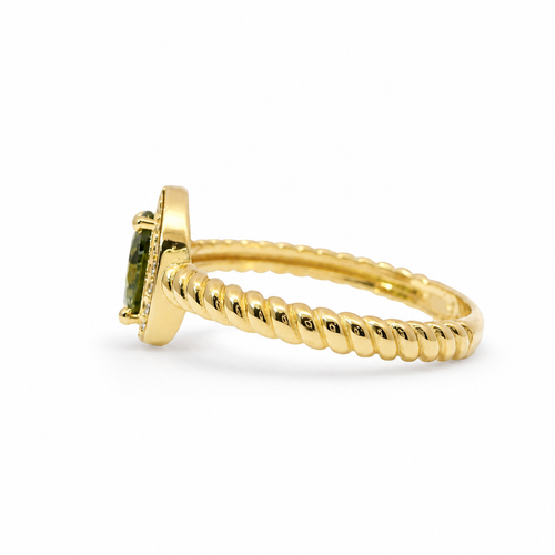 14KT Gold Ring Women's Yellow Pear Shape Center CZ Stone White CZ Stones Border Plain Rope Band