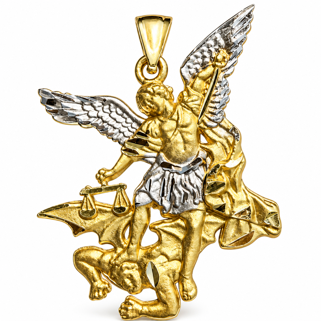 14KT Gold Charm Large Two Tone Guardian Angel St Michael Shape with White Gold Diamond Cut Wings and Plain Bell