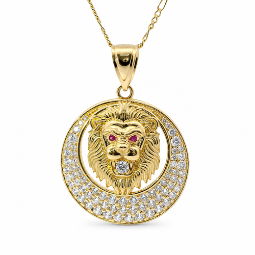 14KT Gold Charm Large Etched Lion Head Center with Red CZ Stones Eyes, White CZ Stone Mouth, Cresent Frame and Plain Bell