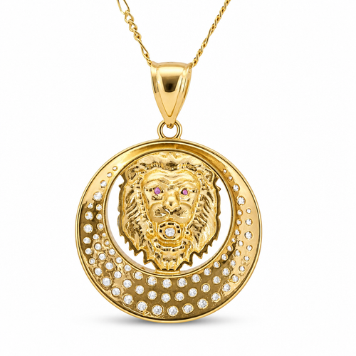 14KT Gold Charm Large Etched Lion Head Center with Red CZ Stones Eyes, White CZ Stone Mouth, Cresent Frame and Plain Bell