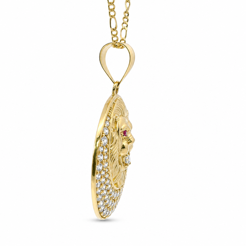 14KT Gold Charm Large Etched Lion Head Center with Red CZ Stones Eyes, White CZ Stone Mouth, Cresent Frame and Plain Bell
