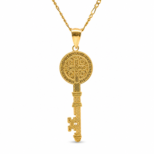 14KT Gold Charm Small Two Tone Key Shape St Benedict Coin with Plain Bell