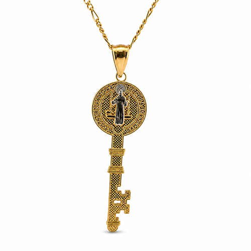 14KT Gold Charm Small Two Tone Key Shape St Benedict Coin with Plain Bell
