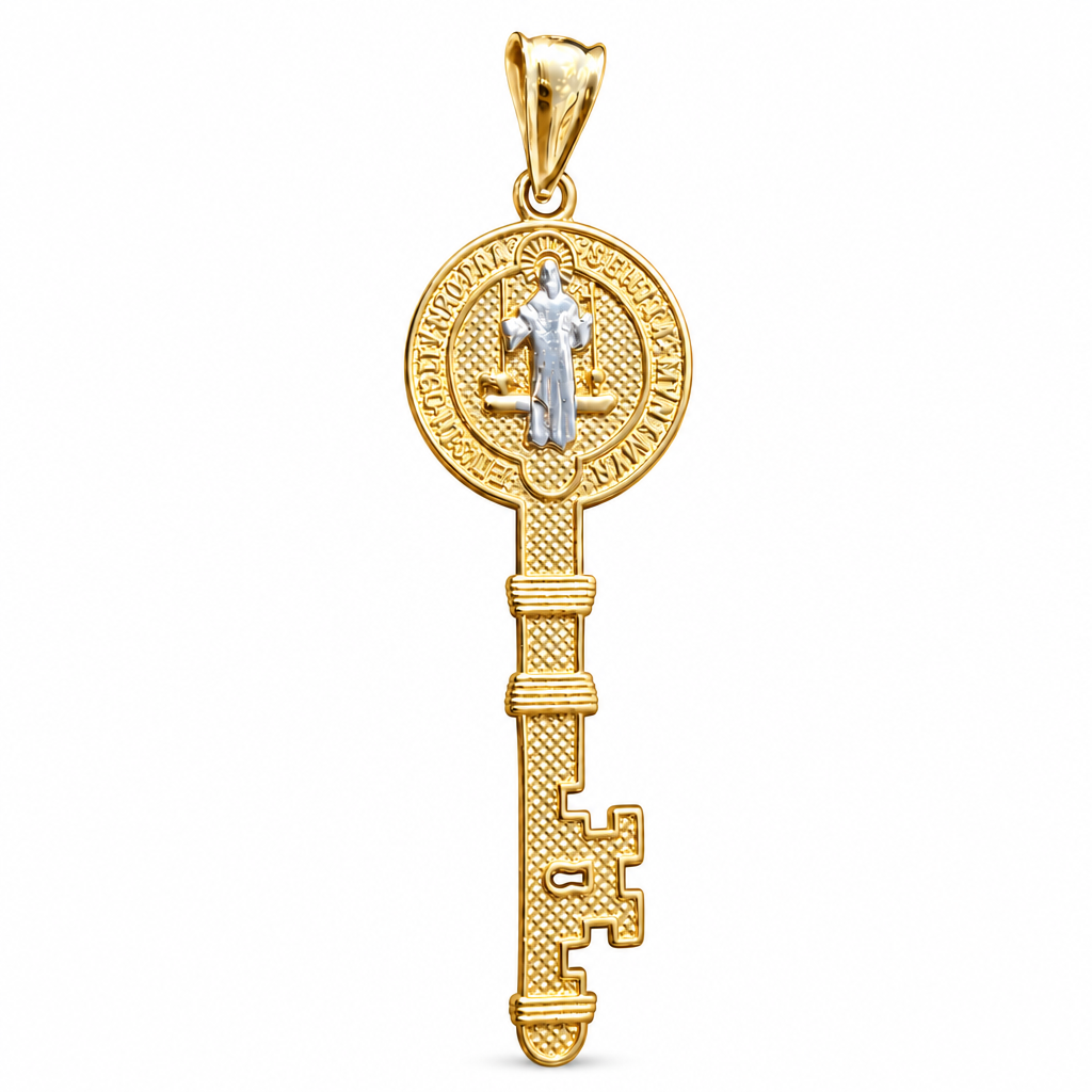 14KT Gold Charm Small Two Tone Key Shape St Benedict Coin with Plain Bell