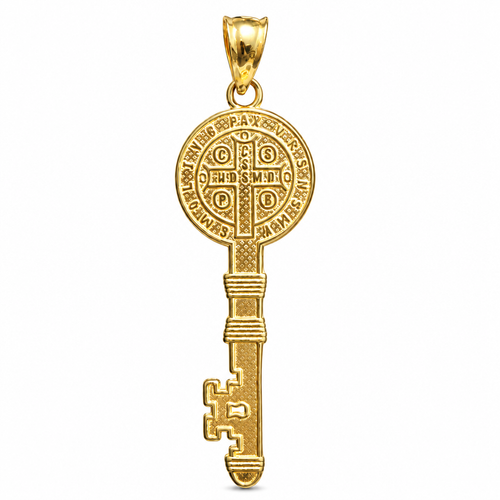 14KT Gold Charm Small Two Tone Key Shape St Benedict Coin with Plain Bell