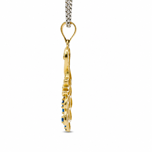 14KT Gold Charm Peacock with Blue CZ Stones Tail, White CZ Stones Body, Dark Pink CZ Stone Eye and Plain Bell