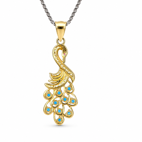 14KT Gold Charm Peacock with Blue CZ Stones Tail, White CZ Stones Body, Dark Pink CZ Stone Eye and Plain Bell