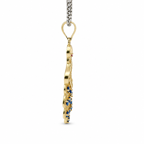 14KT Gold Charm Peacock with Blue CZ Stones Tail, White CZ Stones Body, Dark Pink CZ Stone Eye and Plain Bell