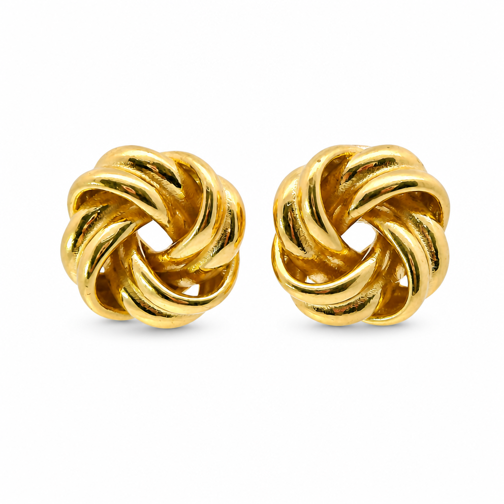 14KT Gold Earrings Medium Two Plain Strand Square Knot with Open Center, Push Back Post, and Butterfly Backs