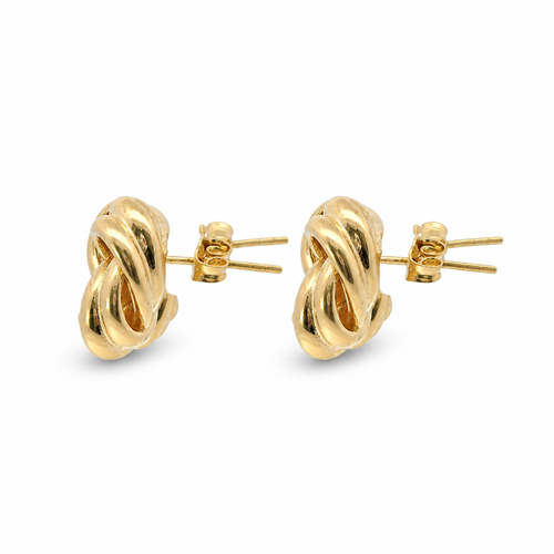 14KT Gold Earrings Medium Two Plain Strand Square Knot with Open Center, Push Back Post, and Butterfly Backs