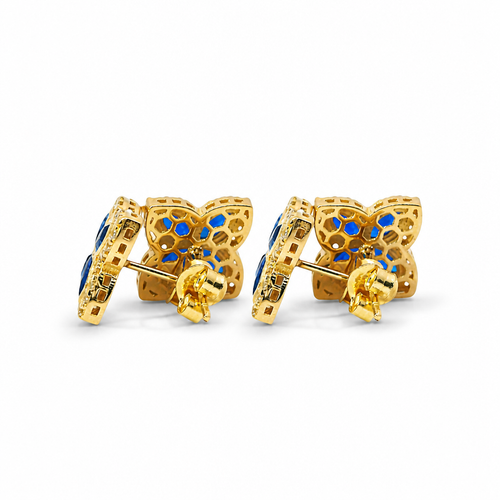 14KT Gold Earrings Small 3D Navy Blue Marquise CZ Stones Four Leaf Clover with White CZ Stones Border, Plain Edge, and Push Back Post with Butterfly Backs