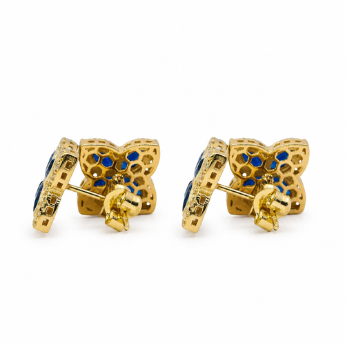 14KT Gold Earrings Small 3D Navy Blue Marquise CZ Stones Four Leaf Clover with White CZ Stones Border, Plain Edge, and Push Back Post with Butterfly Backs