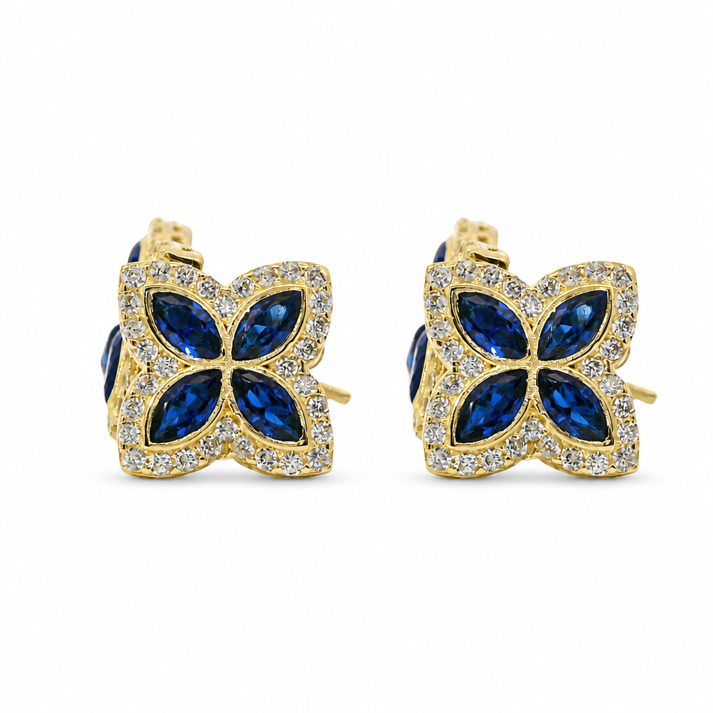14KT Gold Earrings Small 3D Navy Blue Marquise CZ Stones Four Leaf Clover with White CZ Stones Border, Plain Edge, and Push Back Post with Butterfly Backs