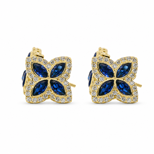 14KT Gold Earrings Small 3D Navy Blue Marquise CZ Stones Four Leaf Clover with White CZ Stones Border, Plain Edge, and Push Back Post with Butterfly Backs