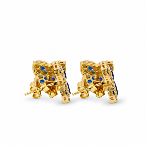 14KT Gold Earrings Small 3D Navy Blue Marquise CZ Stones Four Leaf Clover with White CZ Stones Border, Plain Edge, and Push Back Post with Butterfly Backs