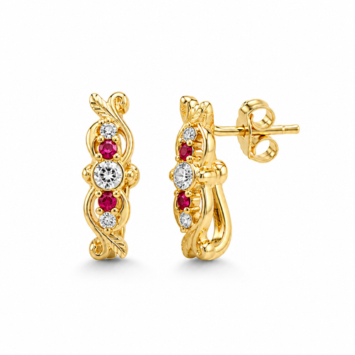 14KT Gold Earrings Small Triple Heart Petal Flower with White CZ Stone Center, Push Back Post, and Butterfly Backs