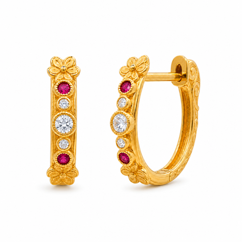 14KT Gold Earrings Small Triple Heart Petal Flower with White CZ Stone Center, Push Back Post, and Butterfly Backs