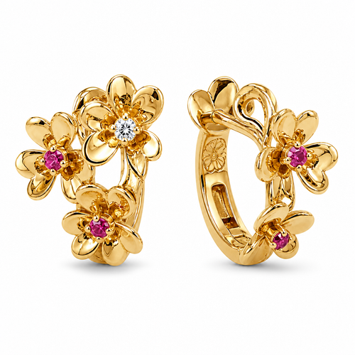 14KT Gold Earrings Small Triple Heart Petal Flower with White CZ Stone Center, Push Back Post, and Butterfly Backs