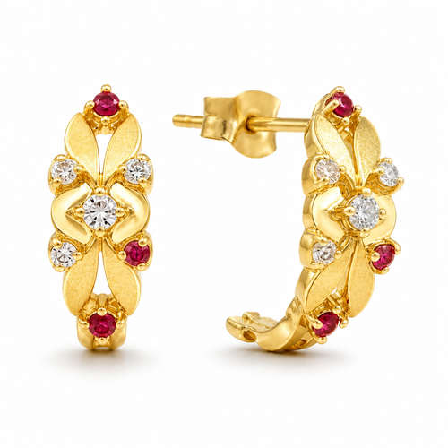 14KT Gold Earrings Small Triple Heart Petal Flower with White CZ Stone Center, Push Back Post, and Butterfly Backs