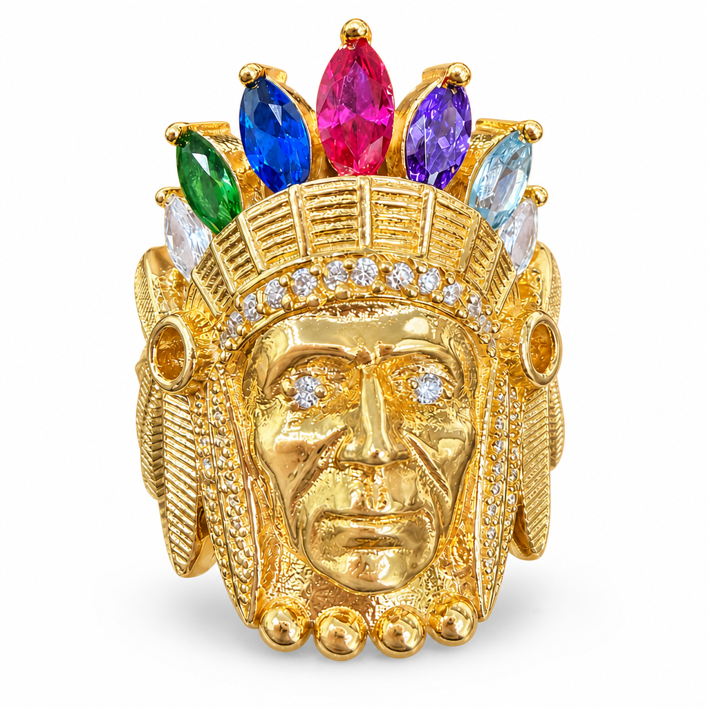 14KT Gold Ring Men's Jumbo American Indigenous Indian Head with White CZ Stones Eyes, Multicolor Marquise CZ Stones Headdress, and Feather Print Band