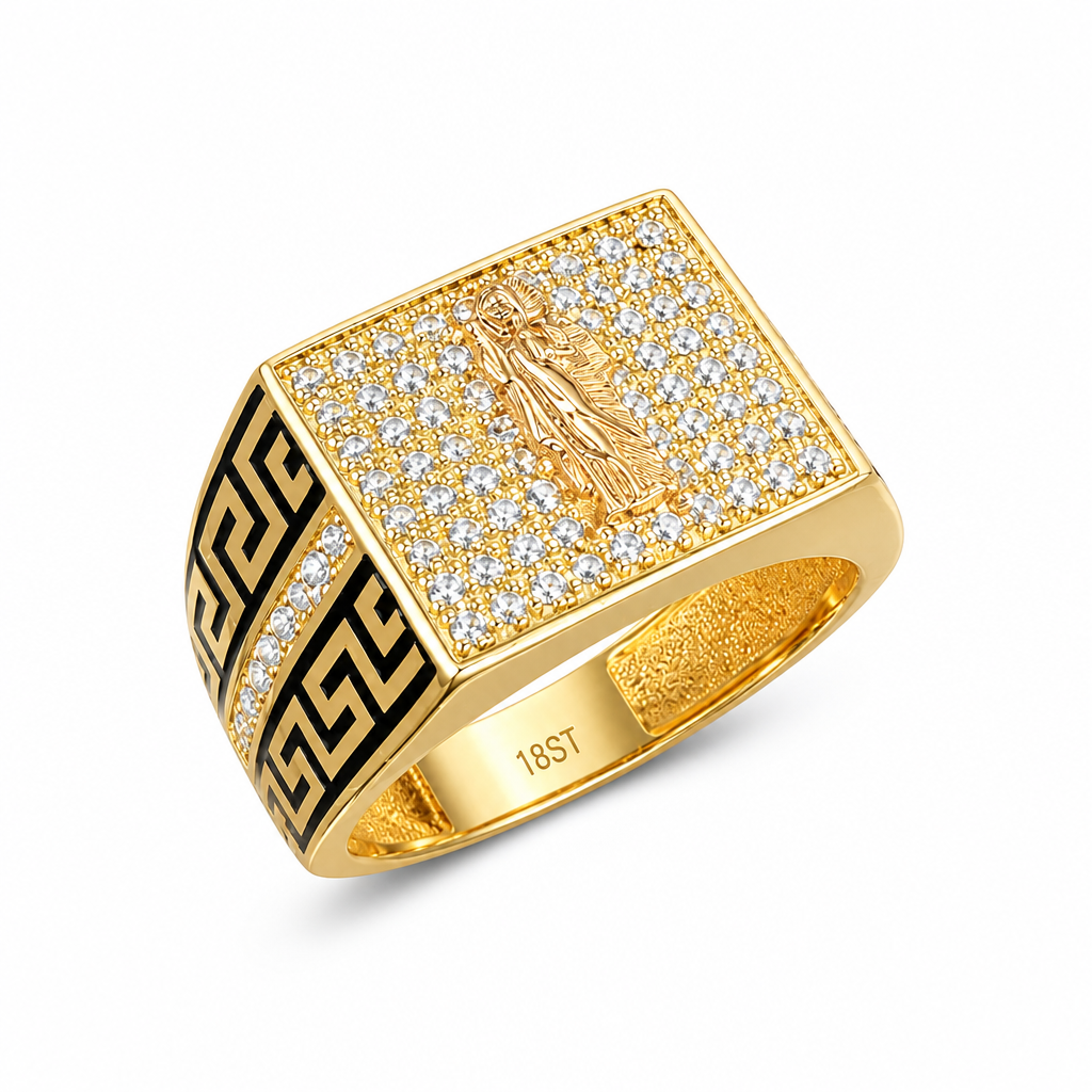 14KT Gold Ring Men's Square Raised Two Tone St Jude Center with White CZ Stones Background, White CZ Stones Side Center Single Row, and Black Greek Design on Band