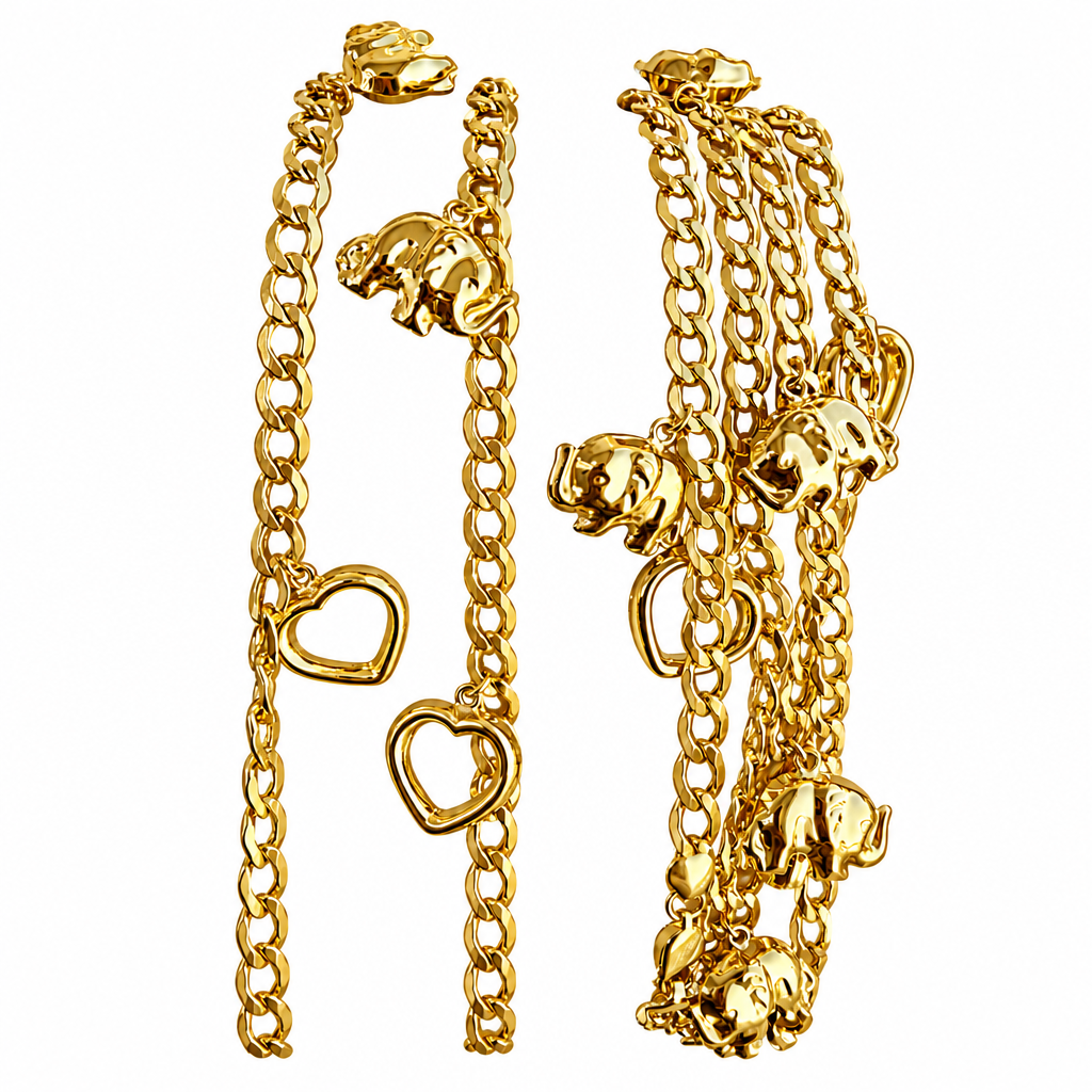 14KT Gold Hollow Curb Anklet with Puff Elephant and Open Puff Heart Charms 4.5mm