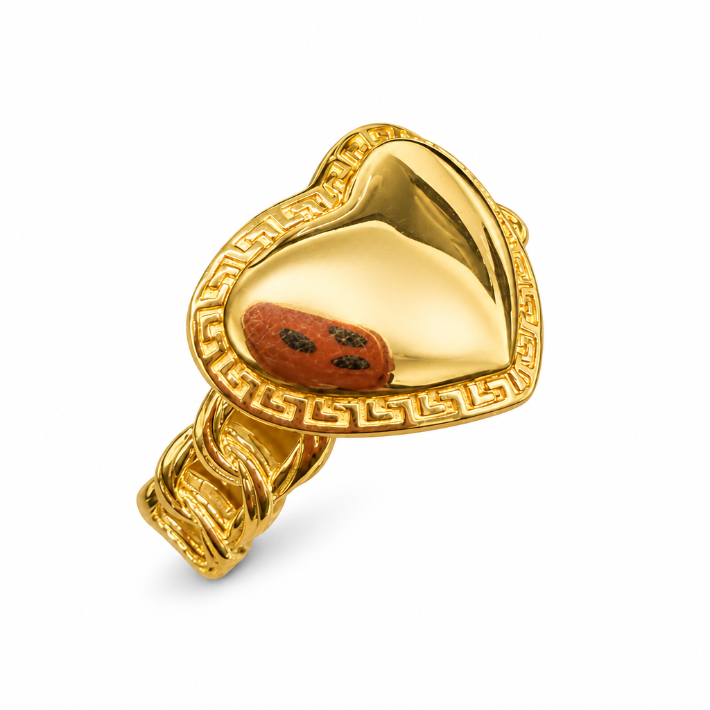 14KT Gold Ring Women's Plain Engravable Heart Shape with Greek Borders Chino Link Band