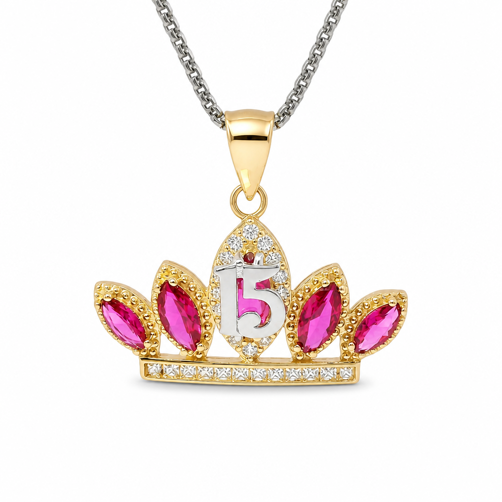 14KT Gold Charm Jumbo Two Tone Quincenaera "15" Center Dark Pink Marquise Crown with White CZ Round Stones Band and Plain Bell