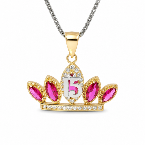 14KT Gold Charm Jumbo Two Tone Quincenaera "15" Center Dark Pink Marquise Crown with White CZ Round Stones Band and Plain Bell