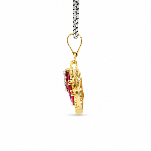 14KT Gold Charm Jumbo Two Tone Quincenaera "15" Center Dark Pink Marquise Crown with White CZ Round Stones Band and Plain Bell