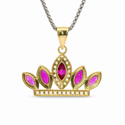 14KT Gold Charm Jumbo Two Tone Quincenaera "15" Center Dark Pink Marquise Crown with White CZ Round Stones Band and Plain Bell