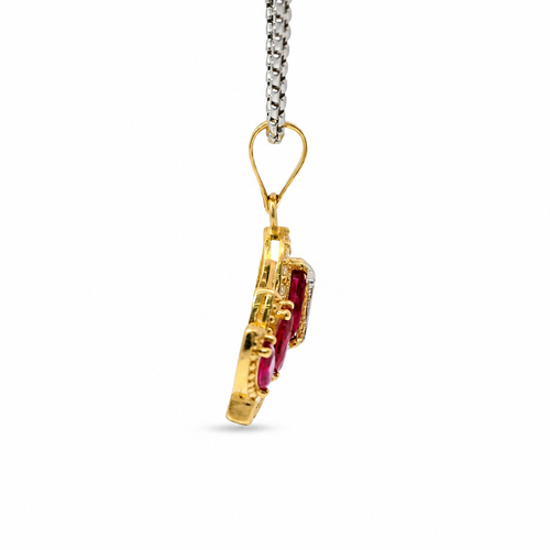 14KT Gold Charm Jumbo Two Tone Quincenaera "15" Center Dark Pink Marquise Crown with White CZ Round Stones Band and Plain Bell