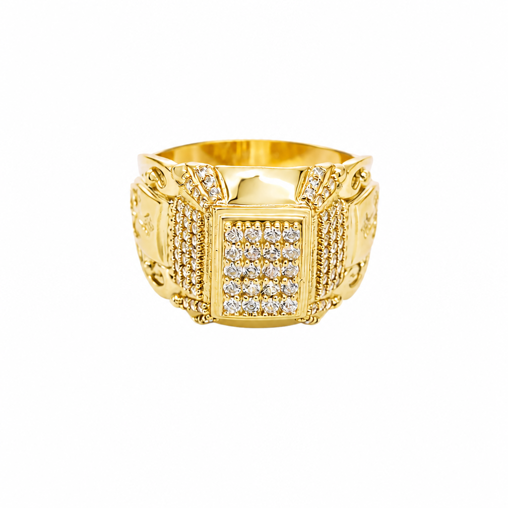 14KT Gold Ring Men's Rectangle Double Platform Five Rows of Four White CZ Stone Cluster Center with Edge Design Triple Row of 7 White CZ Stones Corner Design Six Round White CZ Stones Band Design Chrome Style Cross