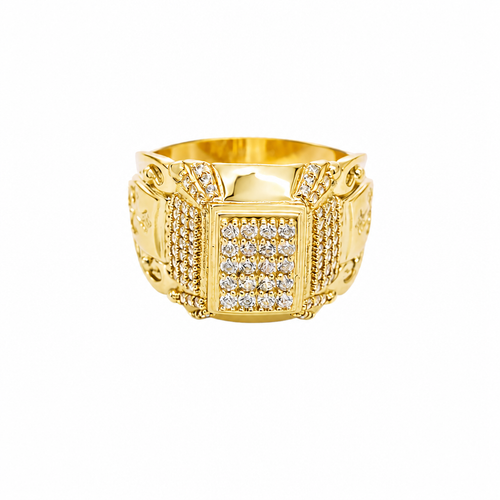 14KT Gold Ring Men's Rectangle Double Platform Five Rows of Four White CZ Stone Cluster Center with Edge Design Triple Row of 7 White CZ Stones Corner Design Six Round White CZ Stones Band Design Chrome Style Cross