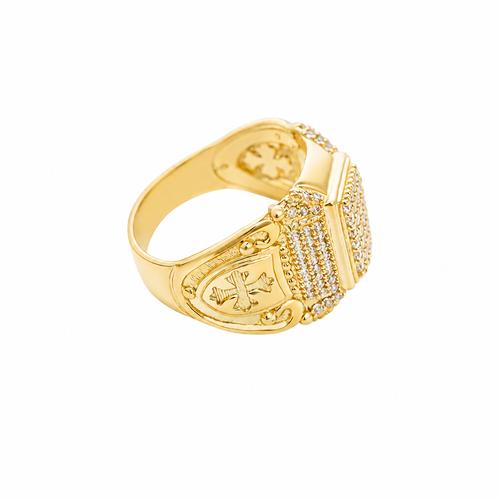 14KT Gold Ring Men's Rectangle Double Platform Five Rows of Four White CZ Stone Cluster Center with Edge Design Triple Row of 7 White CZ Stones Corner Design Six Round White CZ Stones Band Design Chrome Style Cross