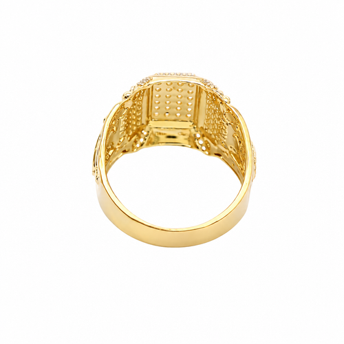 14KT Gold Ring Men's Rectangle Double Platform Five Rows of Four White CZ Stone Cluster Center with Edge Design Triple Row of 7 White CZ Stones Corner Design Six Round White CZ Stones Band Design Chrome Style Cross