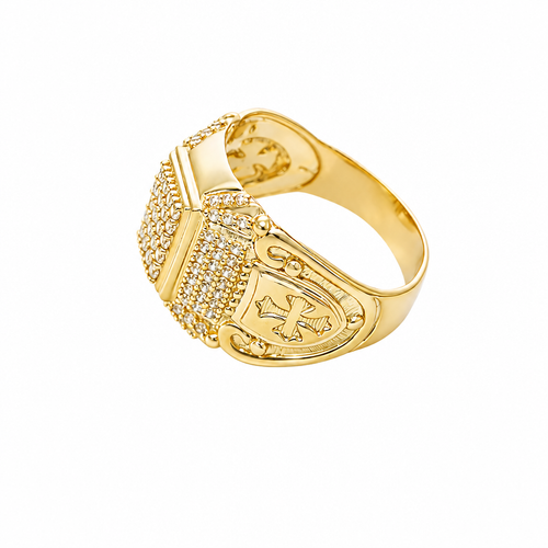 14KT Gold Ring Men's Rectangle Double Platform Five Rows of Four White CZ Stone Cluster Center with Edge Design Triple Row of 7 White CZ Stones Corner Design Six Round White CZ Stones Band Design Chrome Style Cross