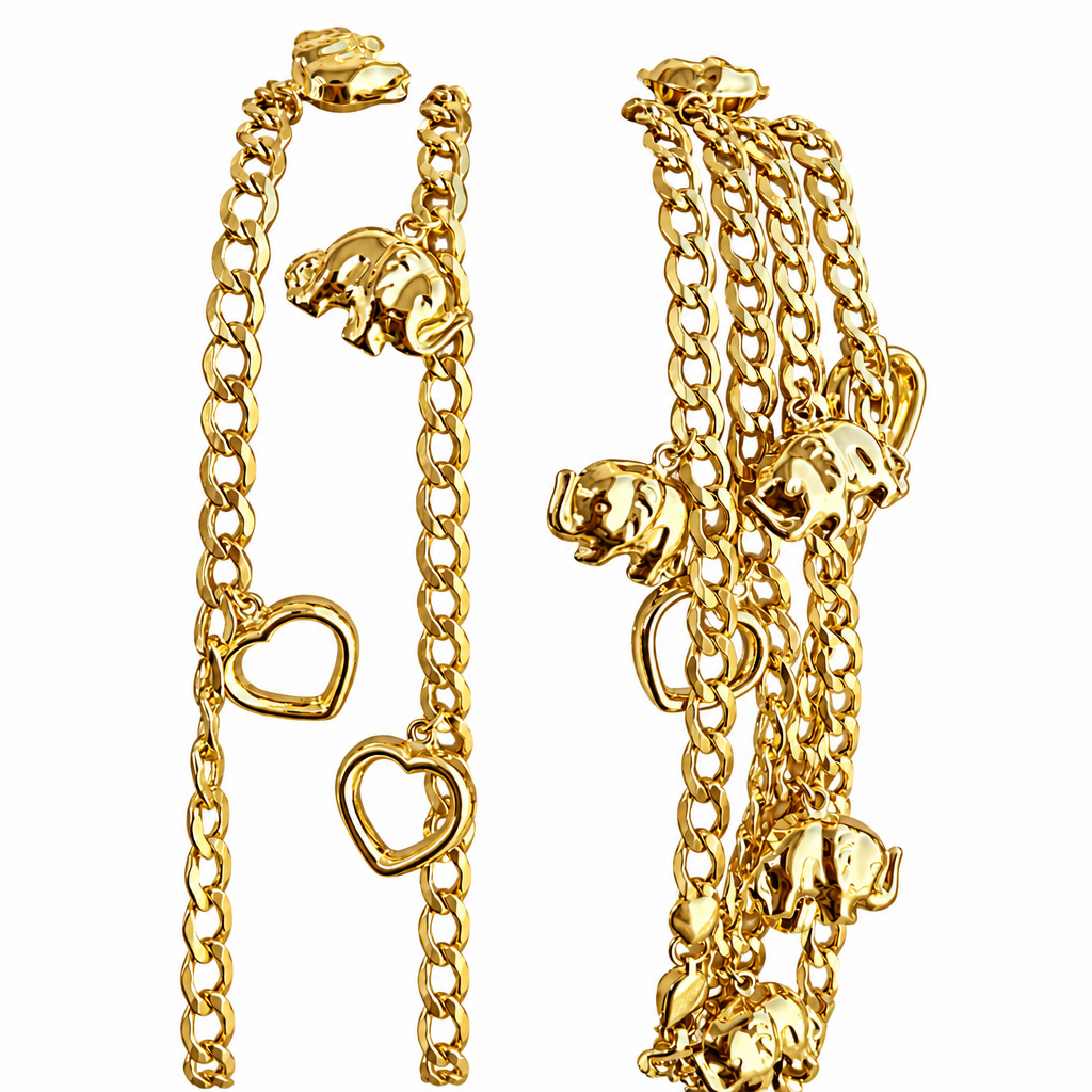 14KT Gold Hollow Curb Anklet with Puff Elephant and Open Puff Heart Charms 2.5mm