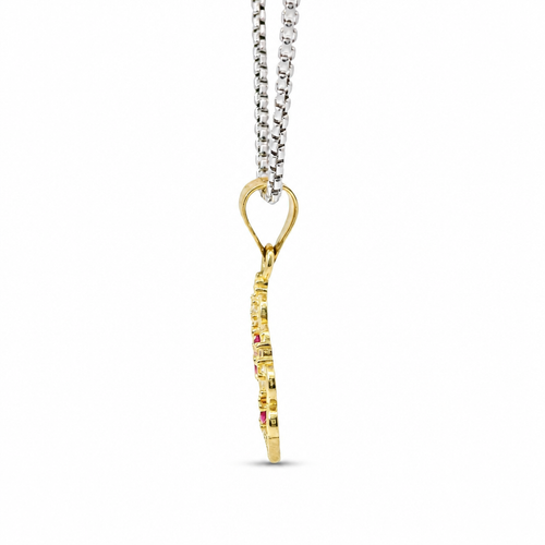 14KT Gold Charm Jumbo Quincenaera "15" Center Open Heart Tiara with Dark Pink and White CZ Stones Top and Round White CZ Stones Band and Plain Bell