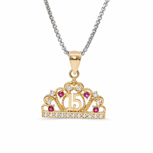 14KT Gold Charm Jumbo Quincenaera "15" Center Open Heart Tiara with Dark Pink and White CZ Stones Top and Round White CZ Stones Band and Plain Bell