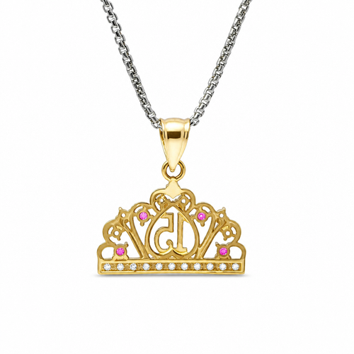 14KT Gold Charm Jumbo Quincenaera "15" Center Open Heart Tiara with Dark Pink and White CZ Stones Top and Round White CZ Stones Band and Plain Bell