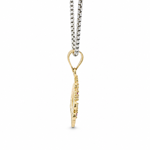 14KT Gold Charm Jumbo Quincenaera "15" Center Open Heart Tiara with Dark Pink and White CZ Stones Top and Round White CZ Stones Band and Plain Bell